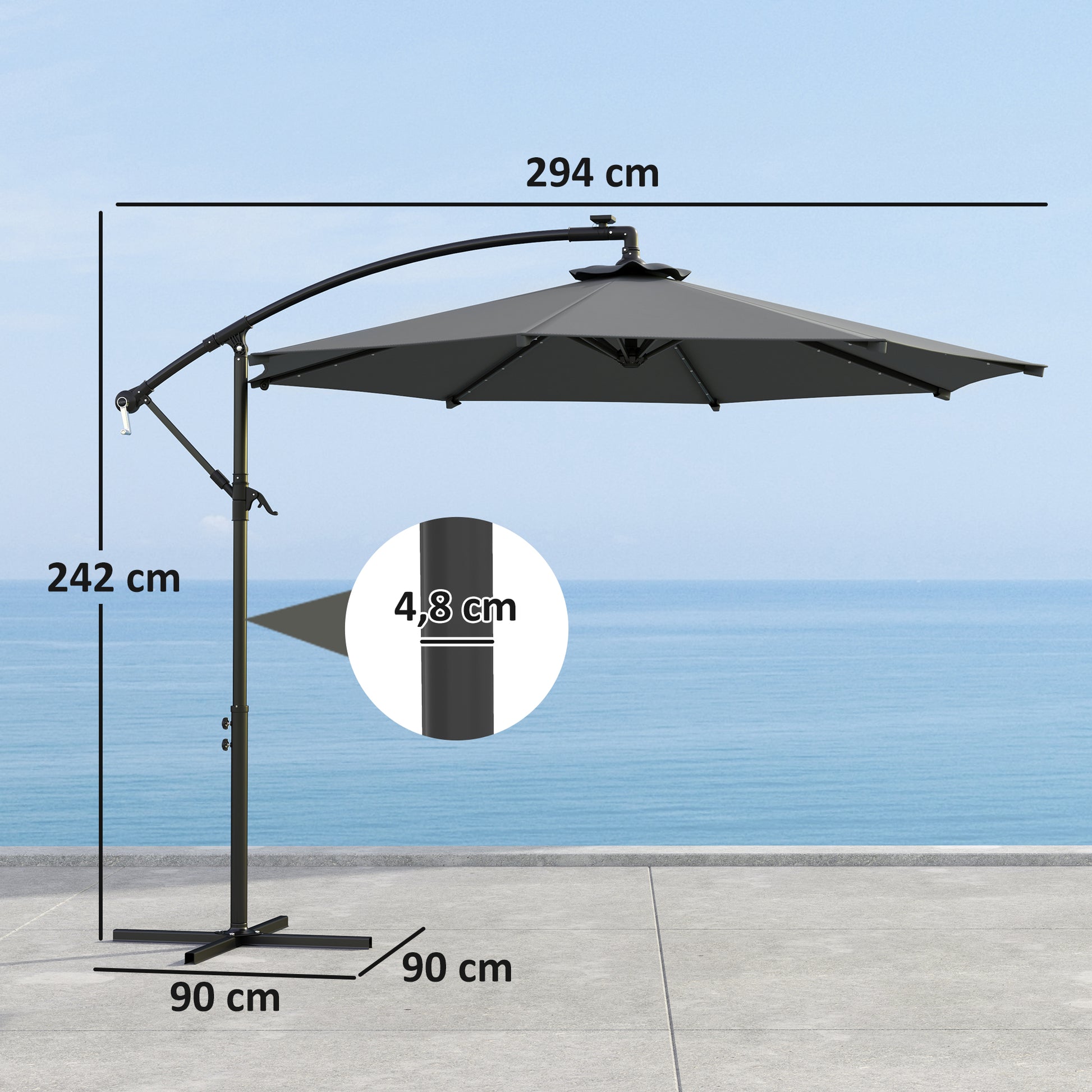 Chapéu de Sol Excêntrico Ø294 cm Chapéu de Sol de Jardim com 32 Luzes LED Solares Base Cruzada Ventilação Superior e Capa de Proteção Anti-UV 30+ para Varanda Pátio Cinza Escuro