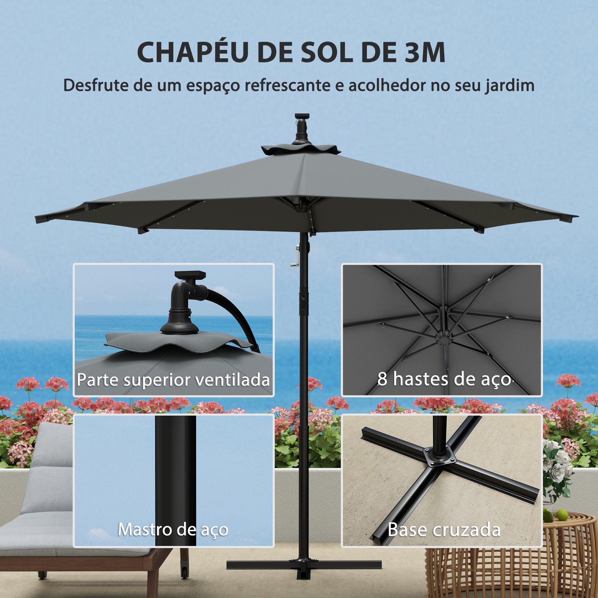 Chapéu de Sol Excêntrico Ø294 cm Chapéu de Sol de Jardim com 32 Luzes LED Solares Base Cruzada Ventilação Superior e Capa de Proteção Anti-UV 30+ para Varanda Pátio Cinza Escuro