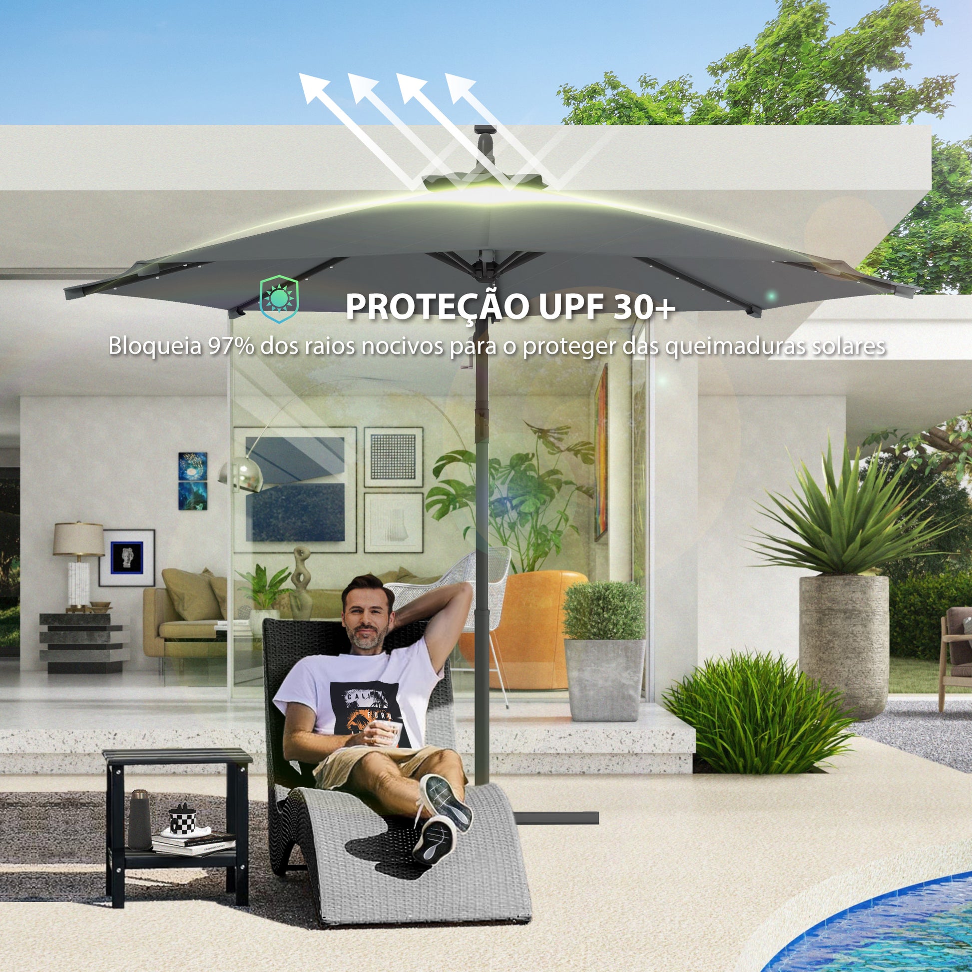 Chapéu de Sol Excêntrico Ø294 cm Chapéu de Sol de Jardim com 32 Luzes LED Solares Base Cruzada Ventilação Superior e Capa de Proteção Anti-UV 30+ para Varanda Pátio Cinza Escuro