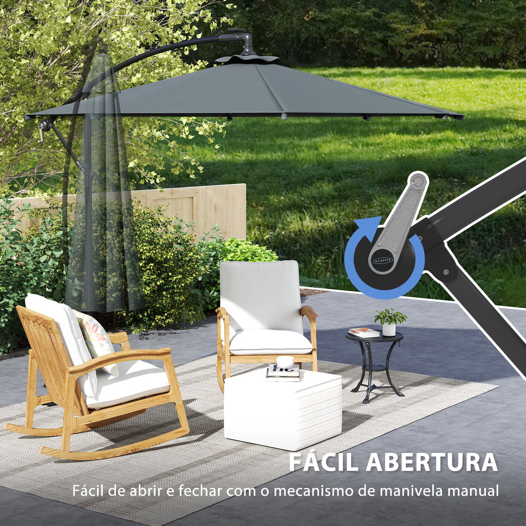 Chapéu de Sol Excêntrico Ø294 cm Chapéu de Sol de Jardim com 32 Luzes LED Solares Base Cruzada Ventilação Superior e Capa de Proteção Anti-UV 30+ para Varanda Pátio Cinza Escuro