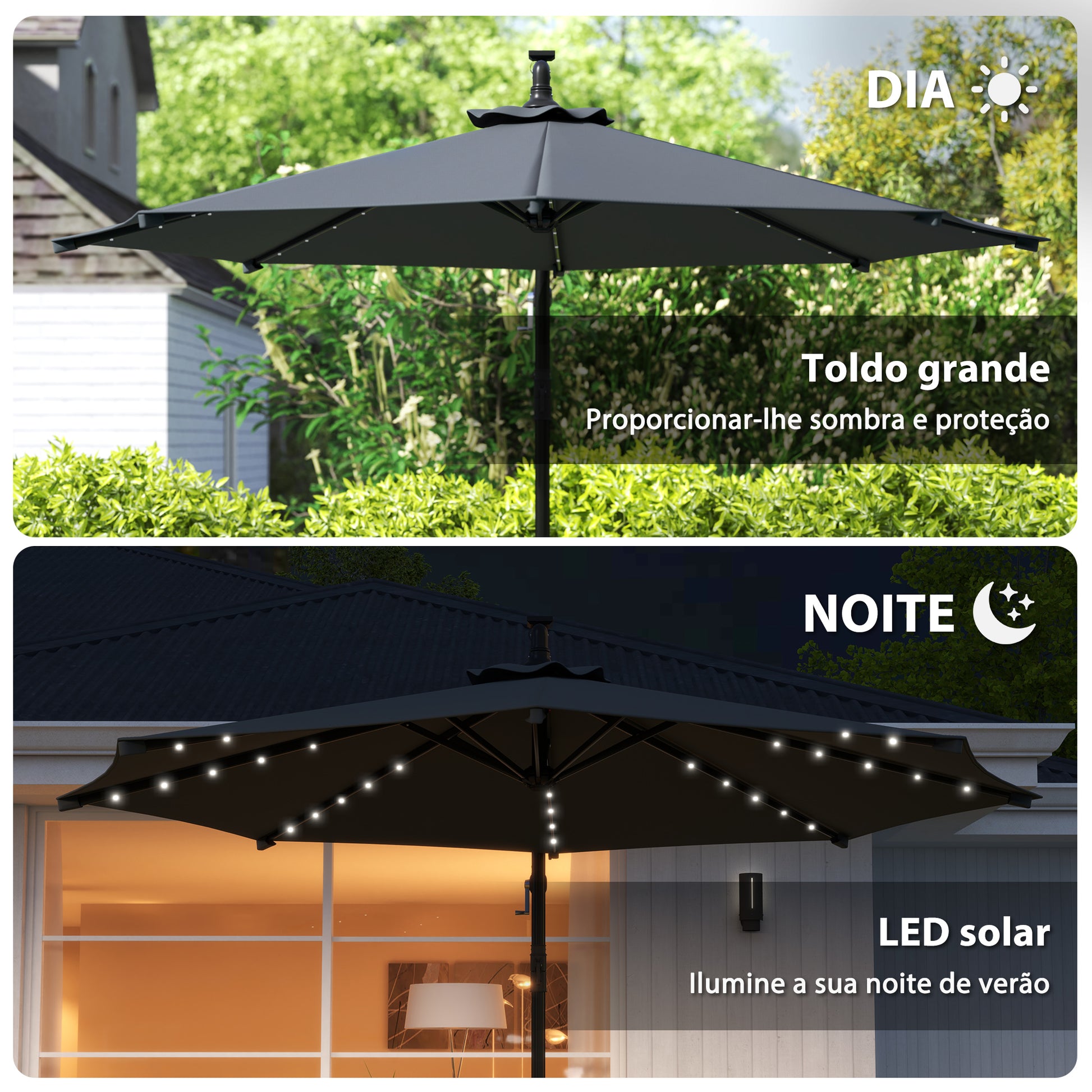 Chapéu de Sol Excêntrico Ø294 cm Chapéu de Sol de Jardim com 32 Luzes LED Solares Base Cruzada Ventilação Superior e Capa de Proteção Anti-UV 30+ para Varanda Pátio Cinza Escuro