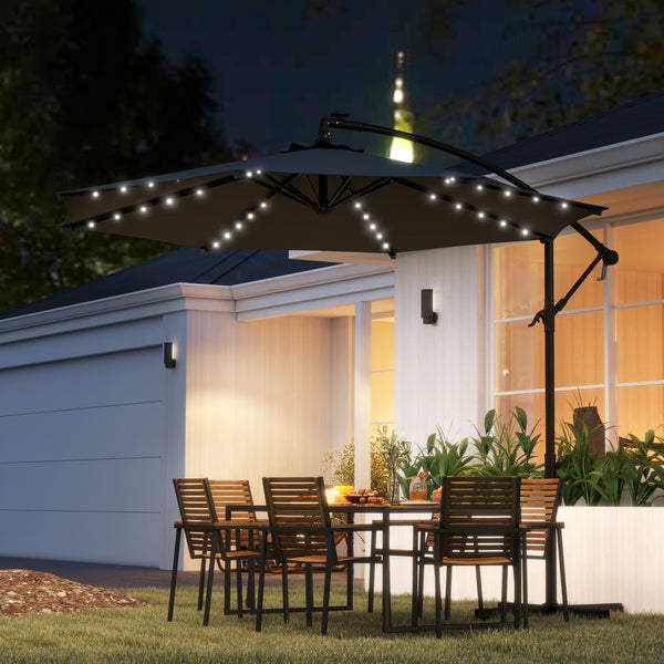 Chapéu de Sol Excêntrico Ø294 cm Chapéu de Sol de Jardim com 32 Luzes LED Solares Base Cruzada Ventilação Superior e Capa de Proteção Anti-UV 30+ para Varanda Pátio Cinza Escuro