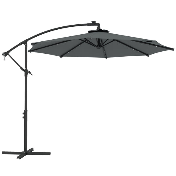 Chapéu de Sol Excêntrico Ø294 cm Chapéu de Sol de Jardim com 32 Luzes LED Solares Base Cruzada Ventilação Superior e Capa de Proteção Anti-UV 30+ para Varanda Pátio Cinza Escuro