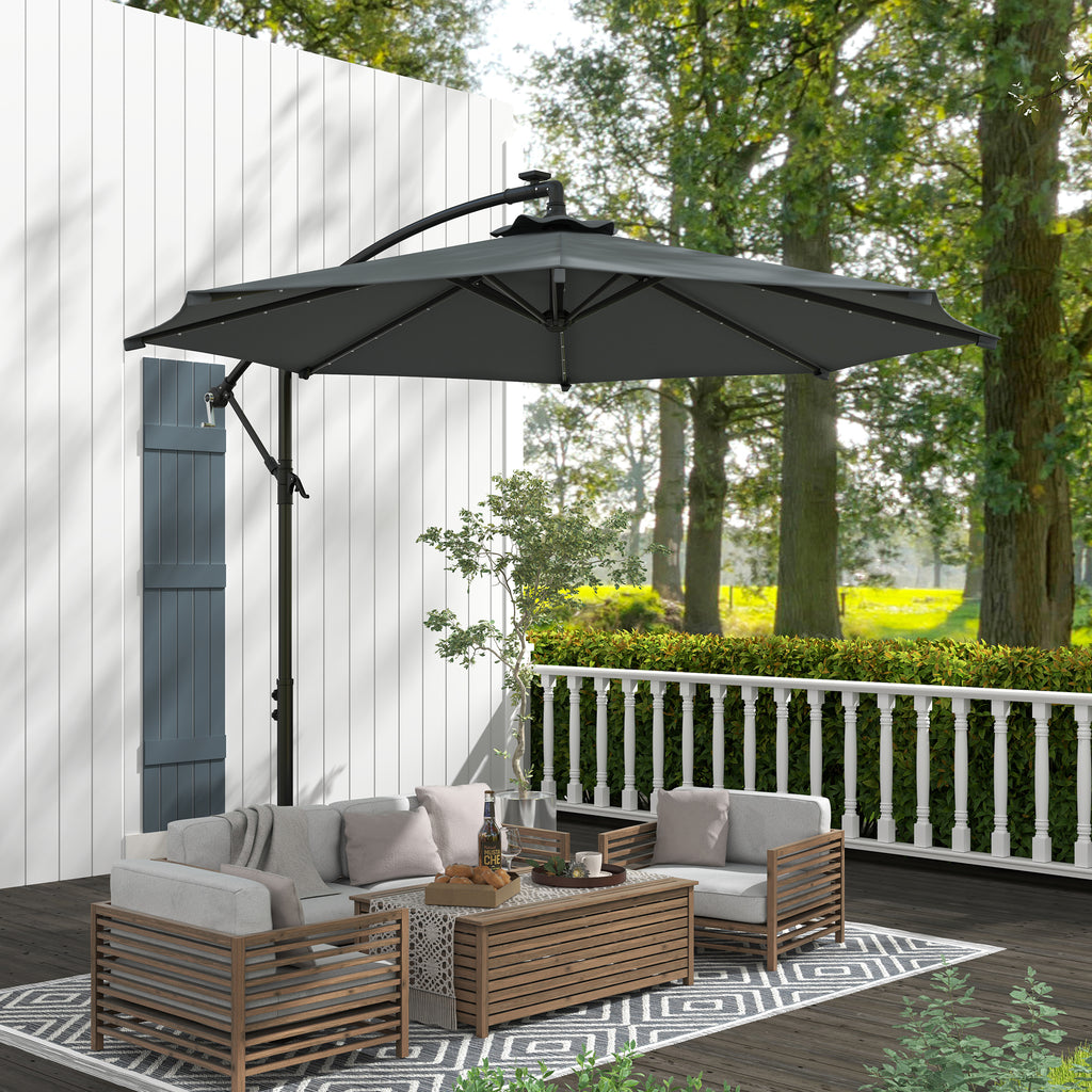 Chapéu de Sol Excêntrico Ø294 cm Chapéu de Sol de Jardim com 32 Luzes LED Solares Base Cruzada Ventilação Superior e Capa de Proteção Anti-UV 30+ para Varanda Pátio Cinza Escuro