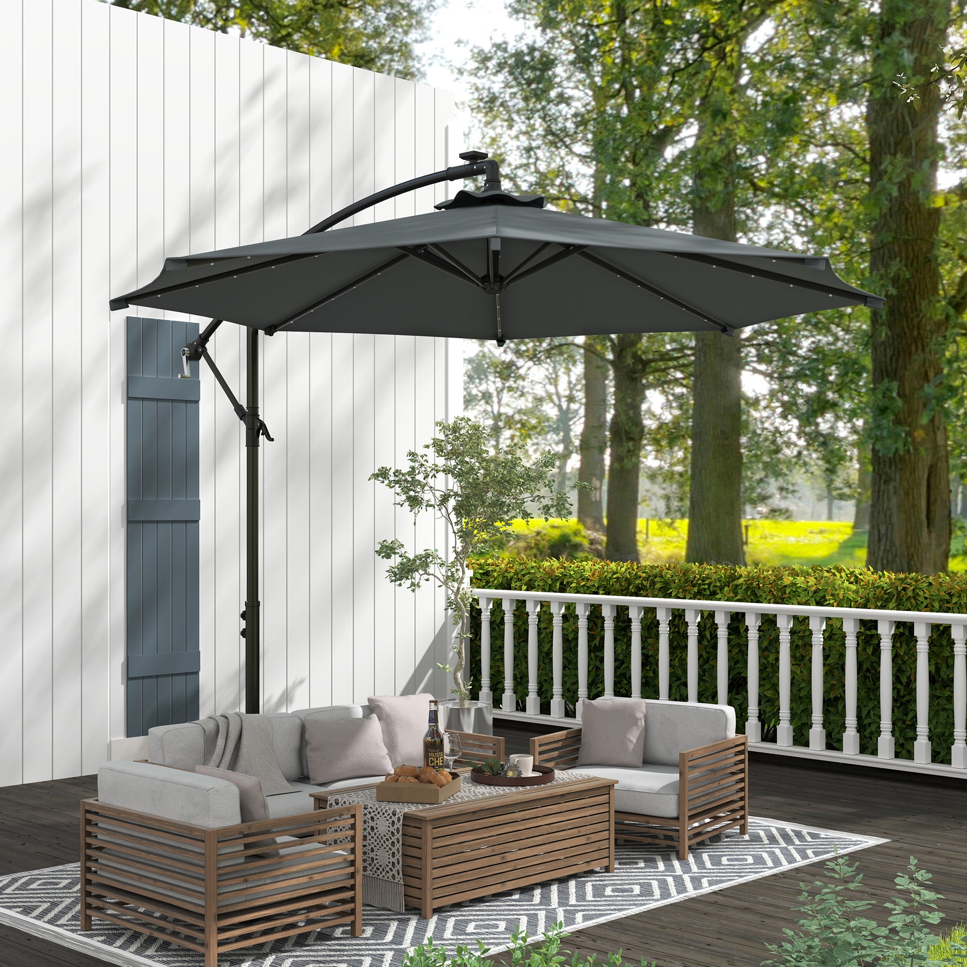 Chapéu de Sol Excêntrico Ø294 cm Chapéu de Sol de Jardim com 32 Luzes LED Solares Base Cruzada Ventilação Superior e Capa de Proteção Anti-UV 30+ para Varanda Pátio Cinza Escuro