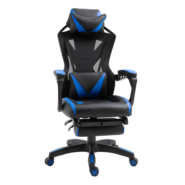 Cadeira Gaming Ergonómica Cadeira Gaming para Escritório com Altura Ajustável Encosto Regulável Almofada Lombar Apoio para os Pés Retráteis 65x70x117-125cm Azul