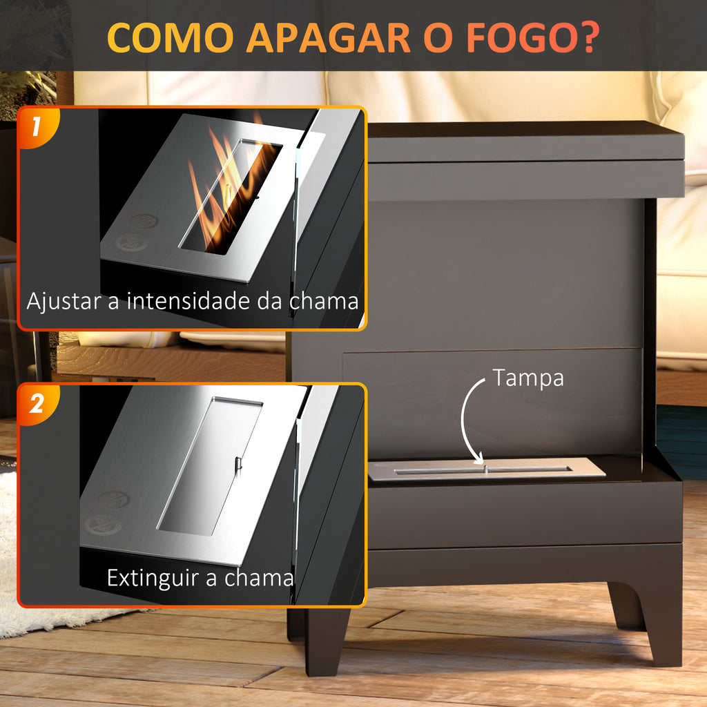 Lareira de Bioetanol Lareira de Bioetanol de Pé com Depósito de 0,9L Apagador de Chamas de Aço Inoxidável Tempo de Combustão 3,3H para Interiores 15-20 m² 38x22x54 cm Preto