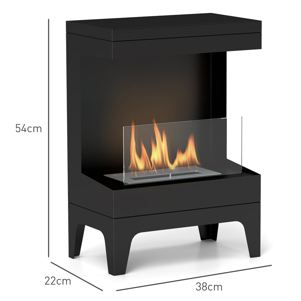 Lareira de Bioetanol Lareira de Bioetanol de Pé com Depósito de 0,9L Apagador de Chamas de Aço Inoxidável Tempo de Combustão 3,3H para Interiores 15-20 m² 38x22x54 cm Preto