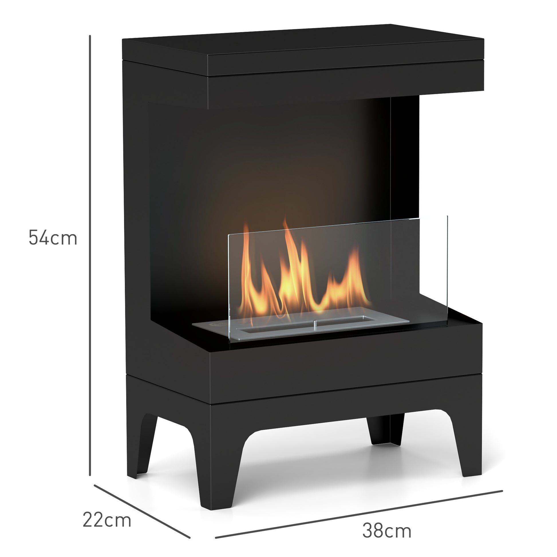 Lareira de Bioetanol Lareira de Bioetanol de Pé com Depósito de 0,9L Apagador de Chamas de Aço Inoxidável Tempo de Combustão 3,3H para Interiores 15-20 m² 38x22x54 cm Preto