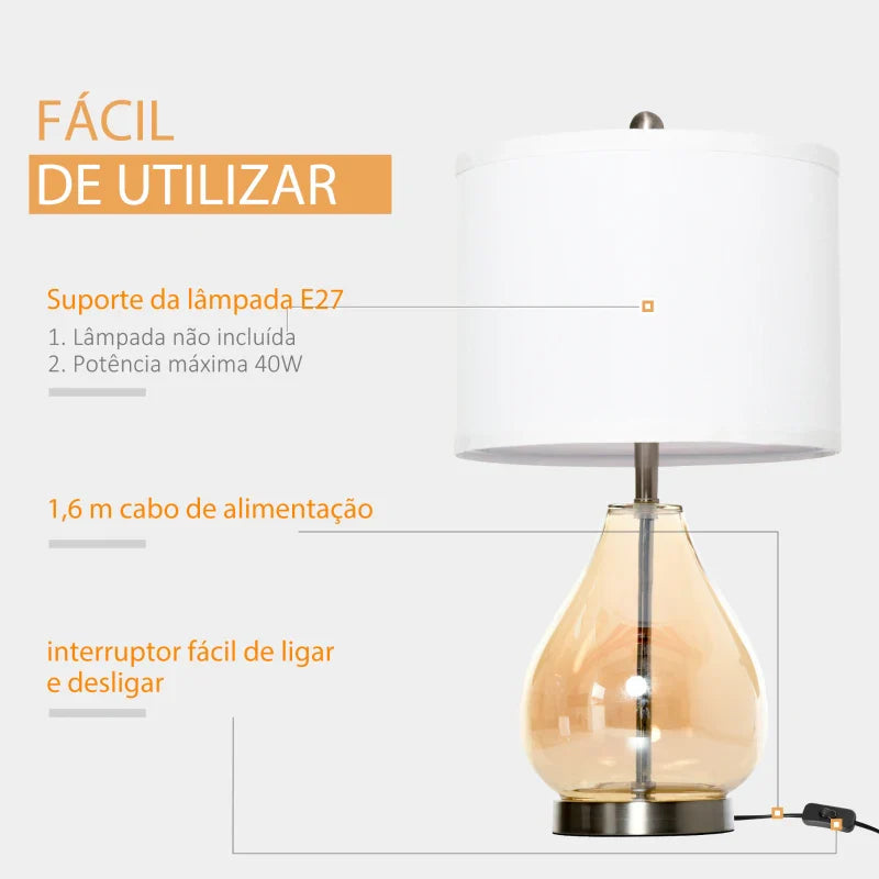 Conjunto de 2 Candeeiros de Mesa Candeeiros de Mesa com Ecrã de Linho Suporte para Lâmpada E27 Máx. 40W para Sala de Estar Dormitório Ø30x56 cm Branco