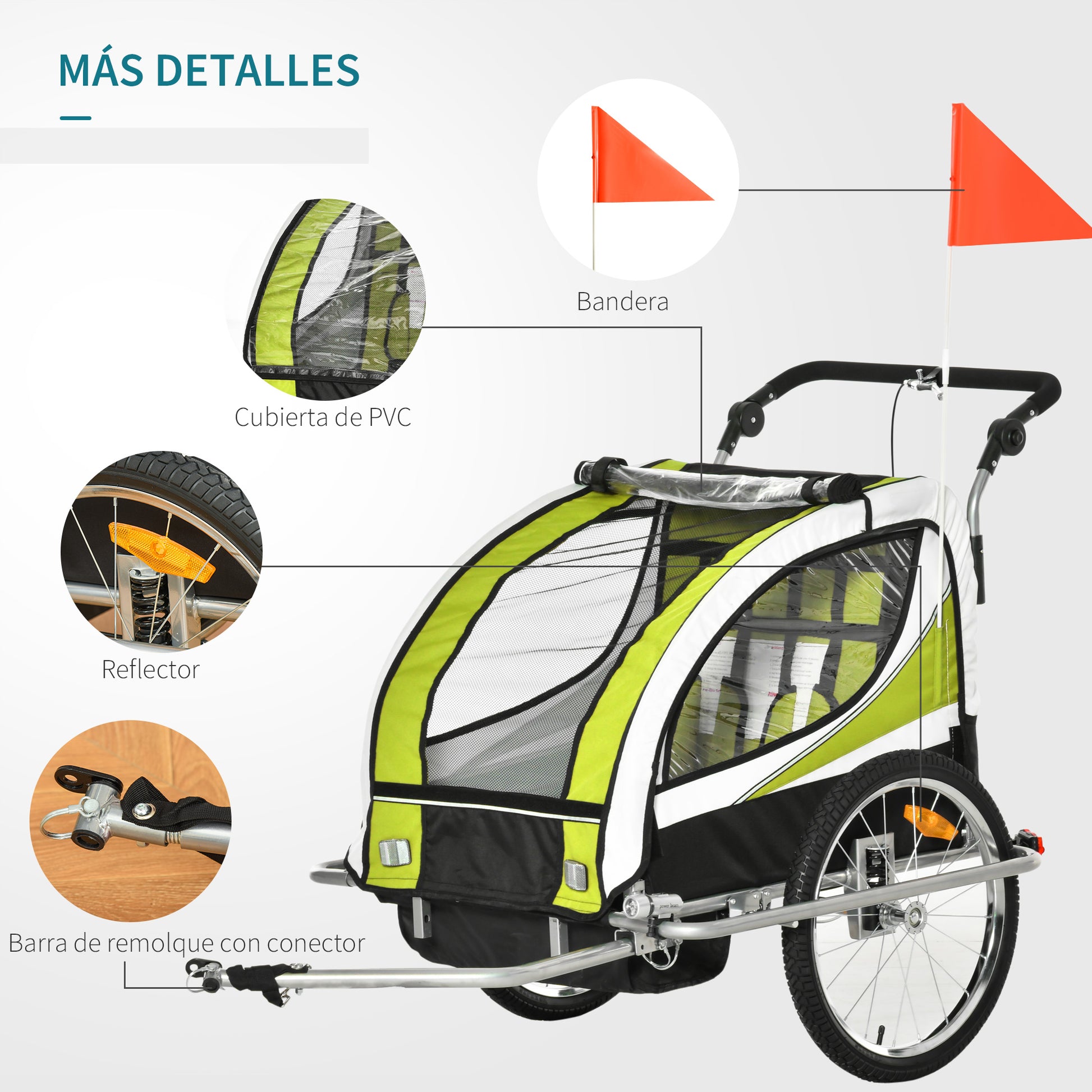 Reboque de Bicicleta para Crianças 2 em 1 com 2 Lugares Convertível em Carrinho de Passeio com Roda Dianteira Giratória a 360° Verde