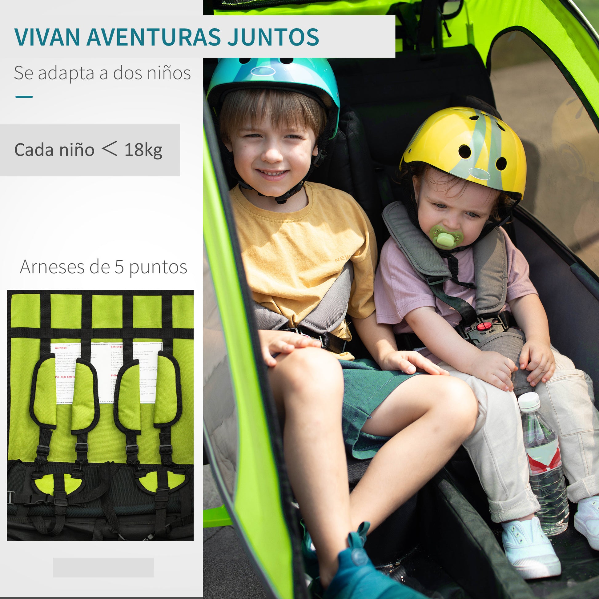 Reboque de Bicicleta para Crianças 2 em 1 com 2 Lugares Convertível em Carrinho de Passeio com Roda Dianteira Giratória a 360° Verde