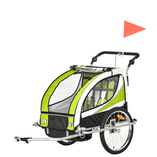 Reboque de Bicicleta para Crianças 2 em 1 com 2 Lugares Convertível em Carrinho de Passeio com Roda Dianteira Giratória a 360° Verde