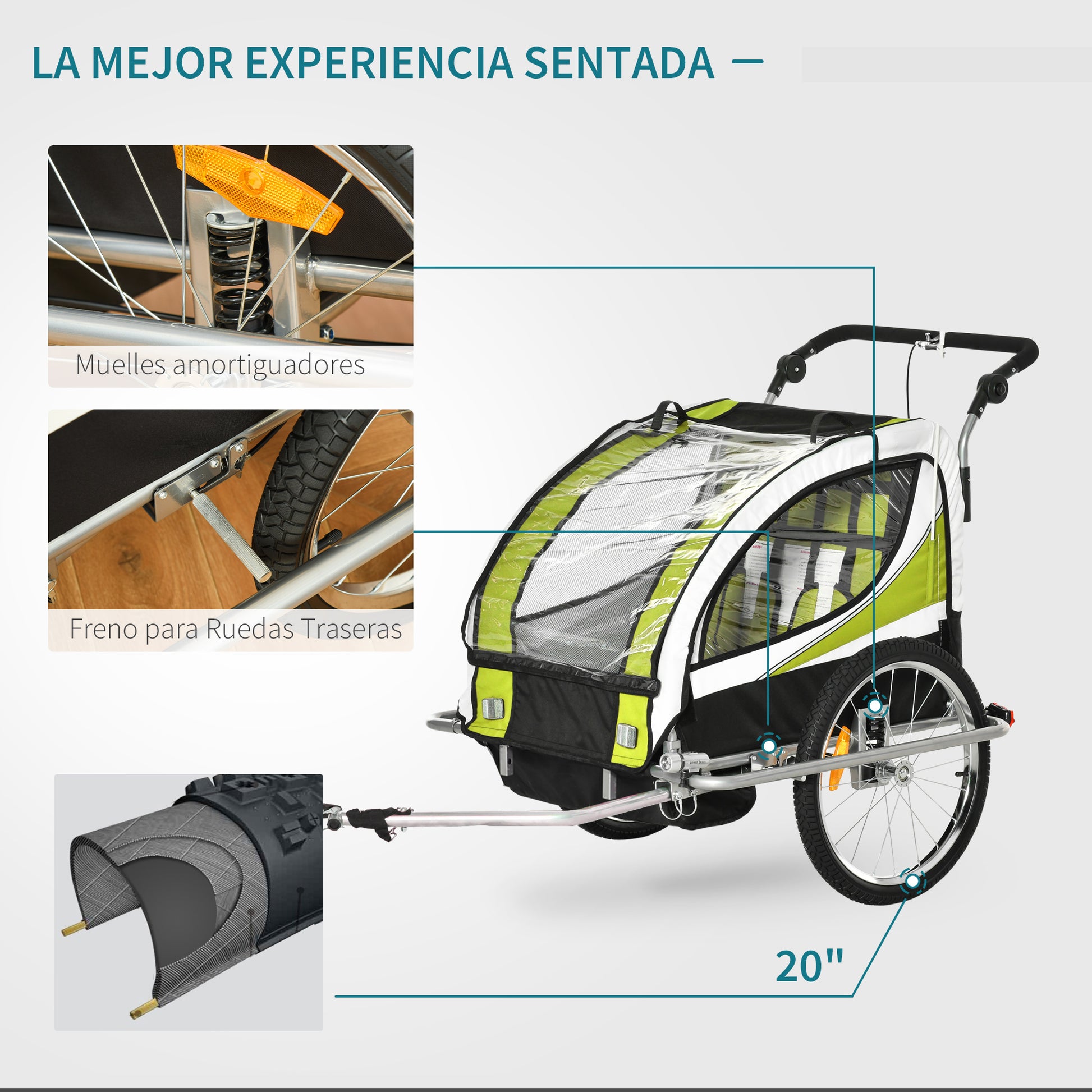 Reboque de Bicicleta para Crianças 2 em 1 com 2 Lugares Convertível em Carrinho de Passeio com Roda Dianteira Giratória a 360° Verde