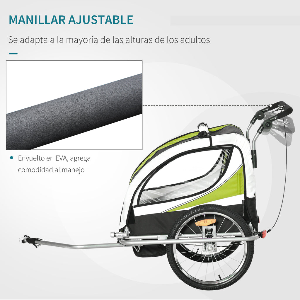 Reboque de Bicicleta para Crianças 2 em 1 com 2 Lugares Convertível em Carrinho de Passeio com Roda Dianteira Giratória a 360° Verde
