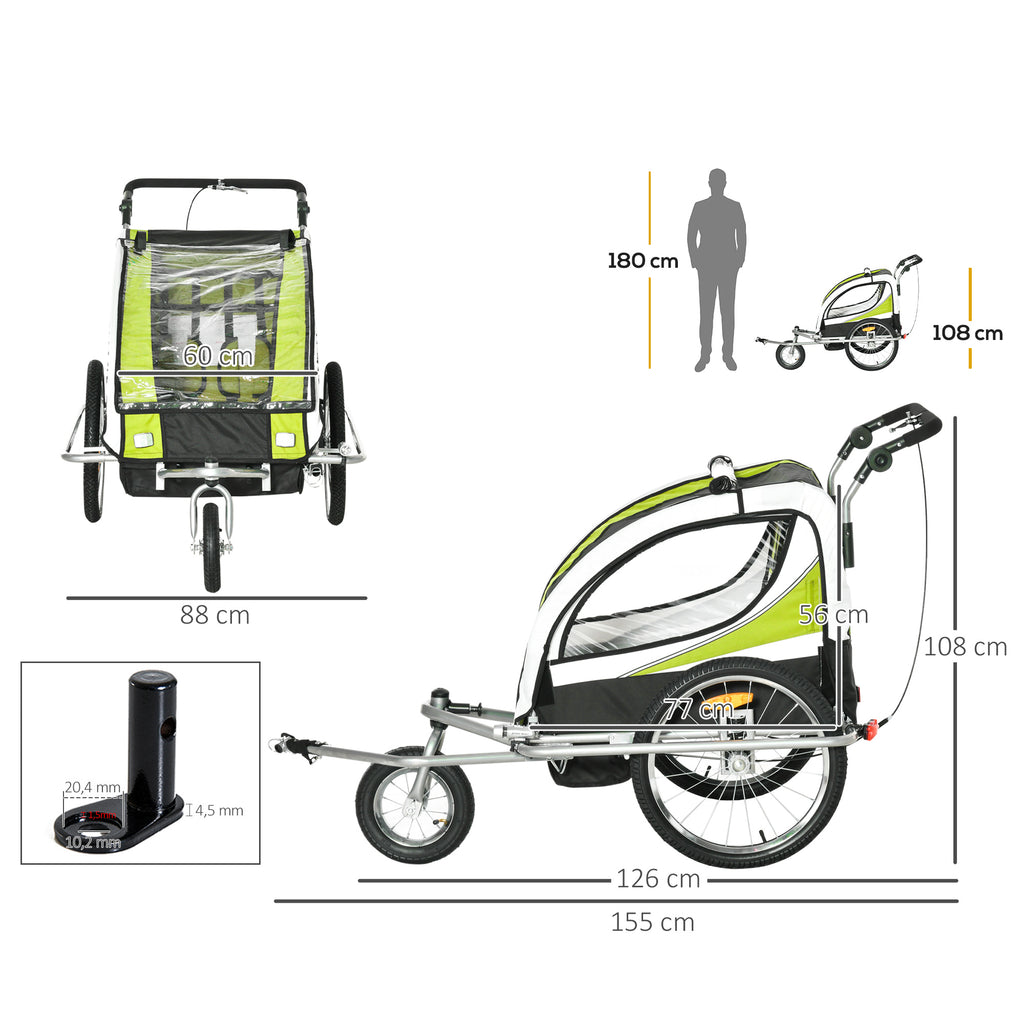 Reboque de Bicicleta para Crianças 2 em 1 com 2 Lugares Convertível em Carrinho de Passeio com Roda Dianteira Giratória a 360° Verde