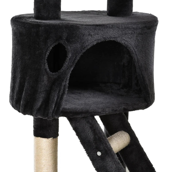 PawHut Árvore arranhador para Gatos com Altura Ajustável Plataformas Múltiplas Caverna Cestas e Escadas em Sisal Natural e Pelúcia 60x45x240-260 cm Cinza Escuro