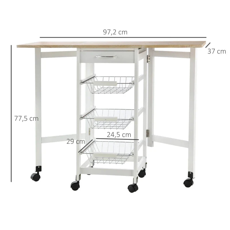 Carrinho de Cozinha Dobrável Carrinho Auxiliar com Rodas 1 Gaveta e 3 Cestos de Metal Carrinho de Serviço Multifuncional para Armazenamento Carga 50 kg 97,2x37x77,5 cm Branco e Madeira