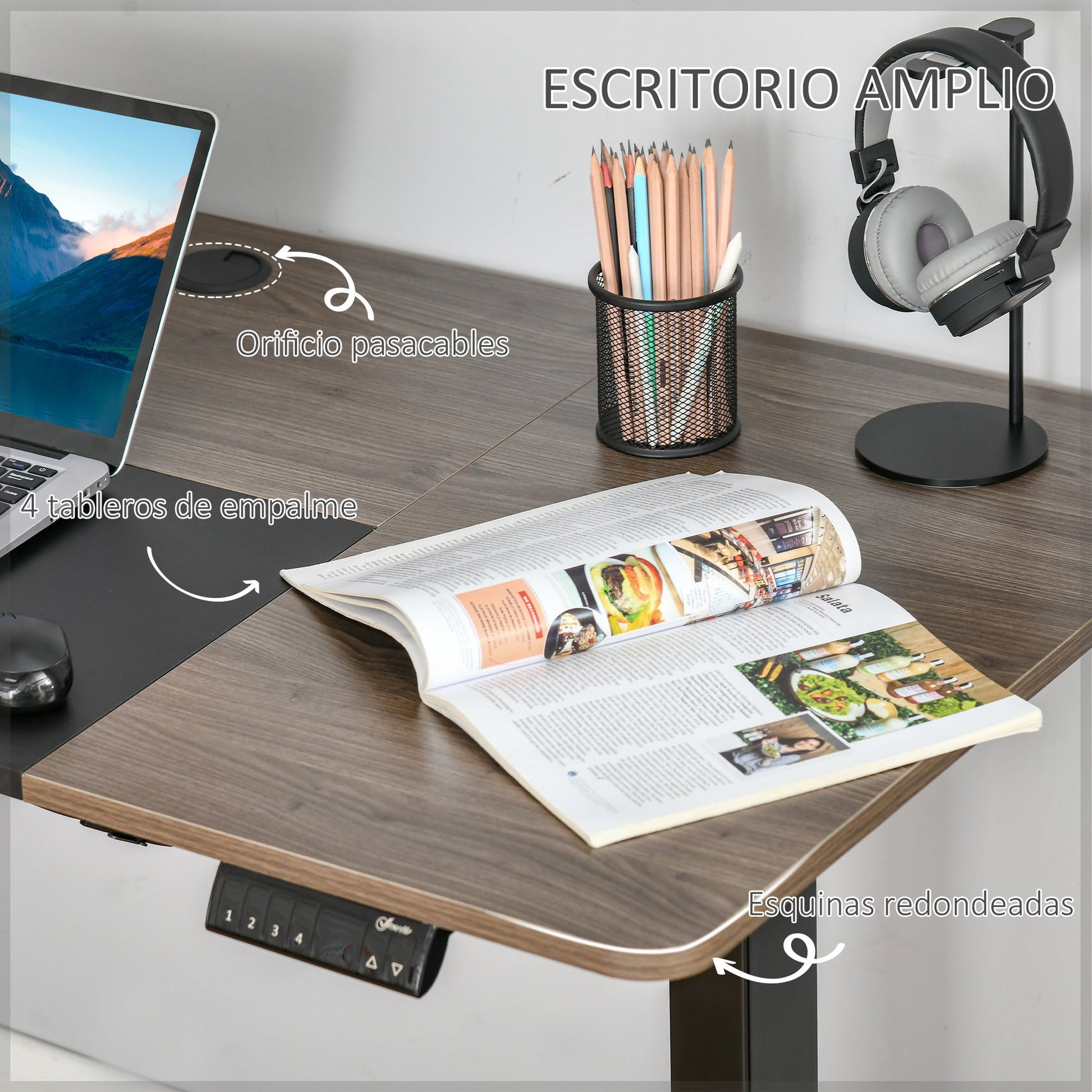 Secretária Elétrica de Pé com Ajuste Elétrico de Altura e 4 Teclas de Memória para Casa Escritório 140x70x72-116 cm Preto e Natural