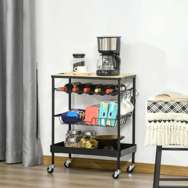 Carrinho de Cozinha com Rodas Carrinho de Cozinha Multiuso com Suporte para Garrafas Cesta Removível e 4 Ganchos para Sala de Jantar Sala de Estar 60,5x35,5x75cm Preto e Carvalho