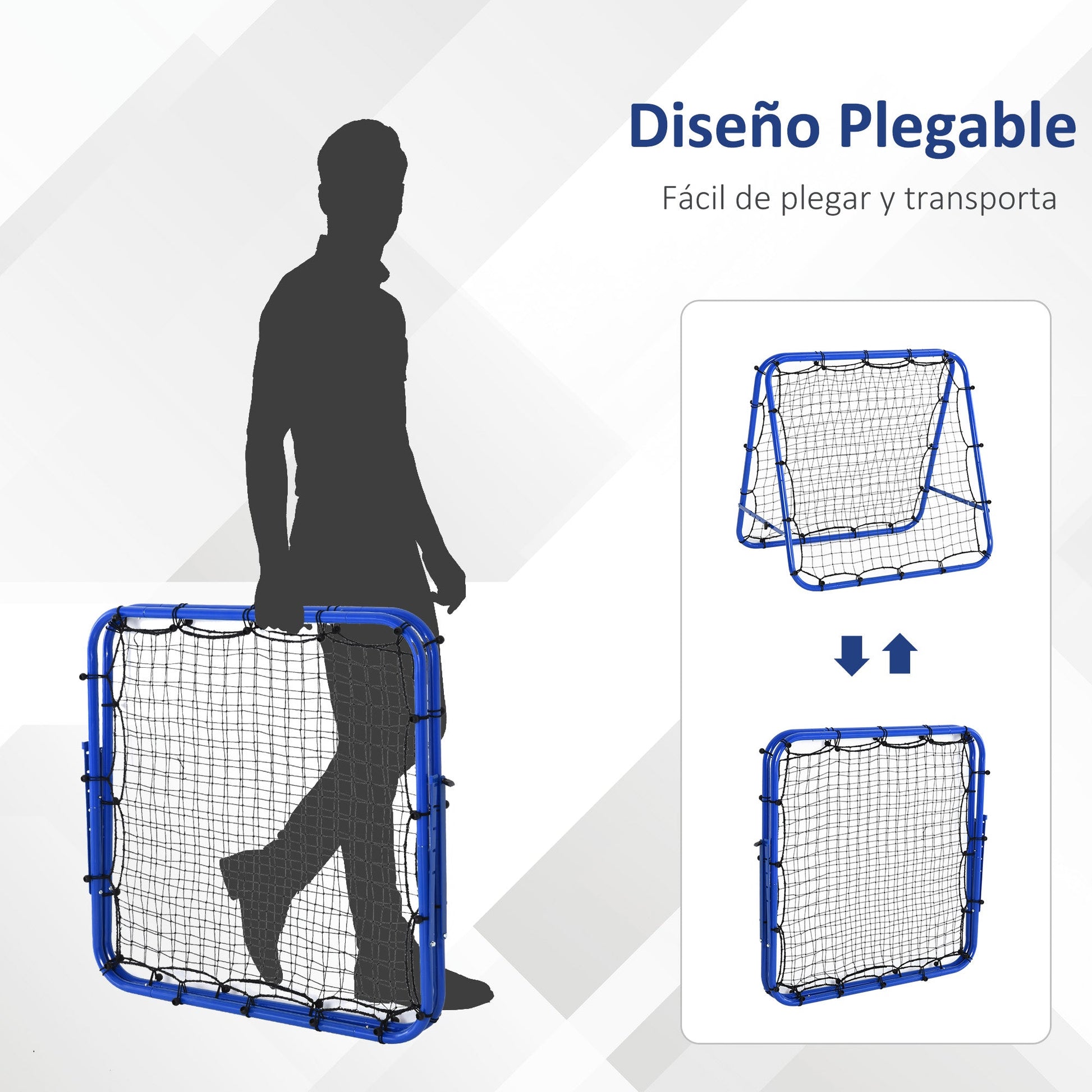 Rede de Rebote Dobrável para Treino Desportivo Ajustável em 5 Níveis de Ângulo com Tubo de Aço para Futebol Ténis e Basebol 100x95x90 cm Azul