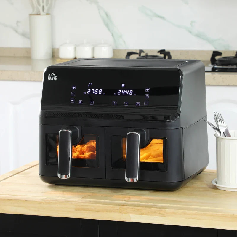Fritadeira sem Óleo Dupla 8L Fritadeira de Ar Quente 2500W com 8 Programas Ecrã LED Tátil Temperatura Ajustável 80-200°C Temporizador e Cesta Antiaderente 38,5x38x30,5 cm Preto