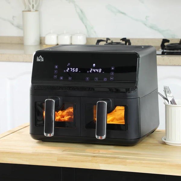 Fritadeira sem Óleo Dupla 8L Fritadeira de Ar Quente 2500W com 8 Programas Ecrã LED Tátil Temperatura Ajustável 80-200°C Temporizador e Cesta Antiaderente 38,5x38x30,5 cm Preto