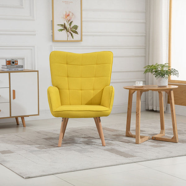 Poltrona de Sala de Estar Moderna Poltrona com Encosto Alto Apoio para os Braços Tecido de Linho e Pés de Madeira de Haya para Sala de Jantar Cozinha 71x76x101cm Amarelo