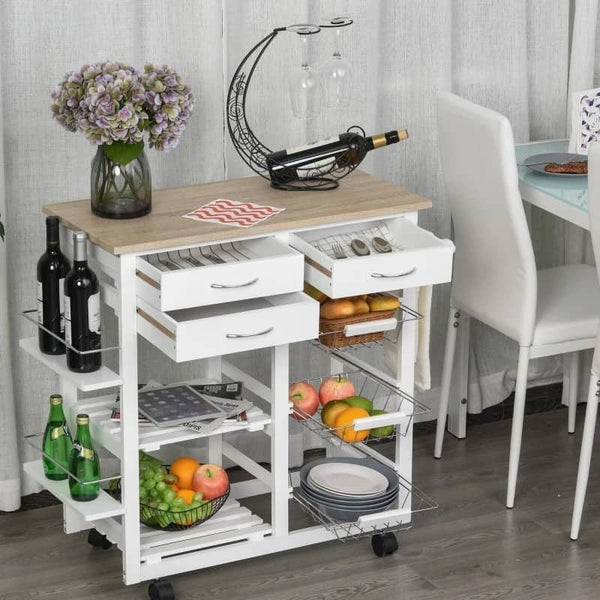 Carrinho de cozinha Carrinho de serviço multifuncional com gavetas Cestas Prateleiras de especiarias Toalheiro Rodas 92x37x82 cm Branco