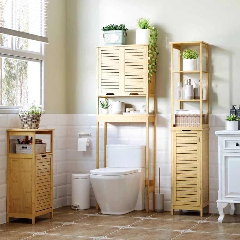 kleanklin Cesto para Roupa de Bambú Armário para Casa de Banho com 2 Prateleiras 1 Cesta de Tecido Removível Móvel de Armazenamento para Sala de Estar Cozinha 40x30x86,5 Natural