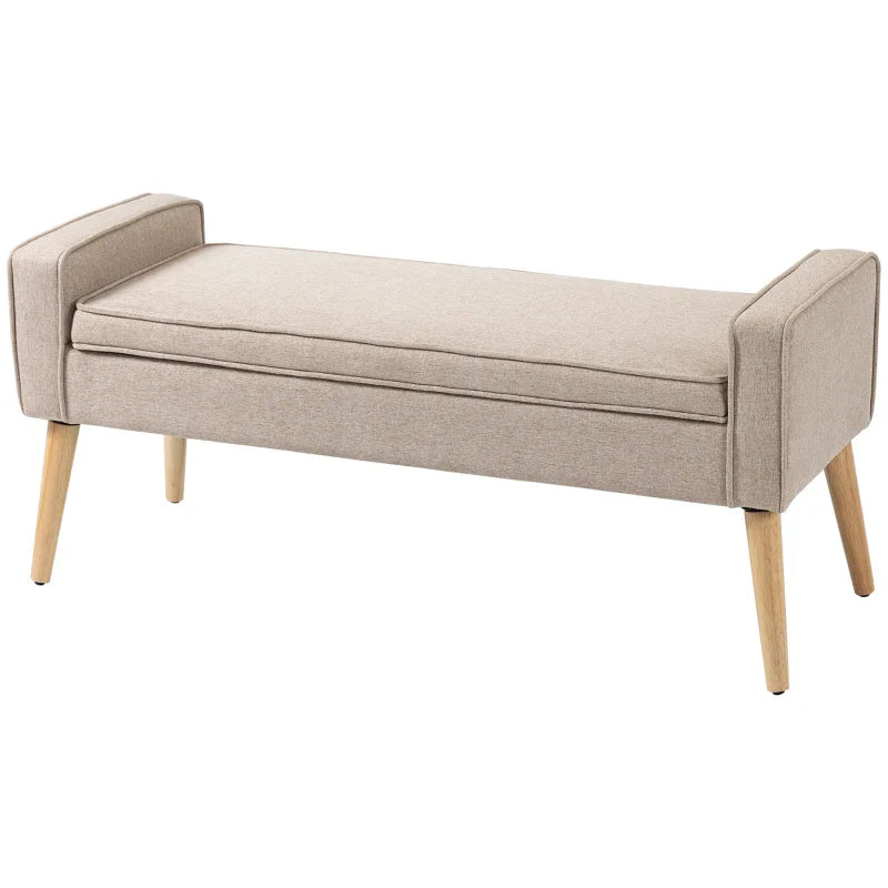 Banco de Armazenamento Baú de Armazenamento Estofado em Linho com Tampa Abatível e Pés de Madeira para Dormitório Sala de Estar Entrada Carga 120kg 120x45x54cm Bege
