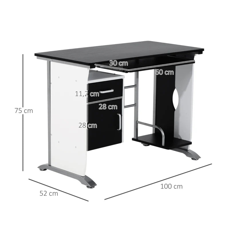 Mesa para Computador com Gaveta Armário e Suporte para CPU Secretária para Escritório Estúdio Dormitório 100x52x75cm Preto e Branco