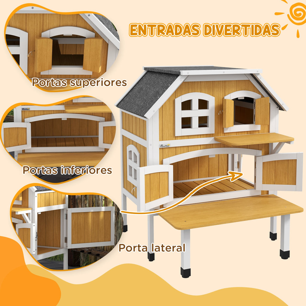 PawHut Casa para Gatos de Madeira 78x82x93 cm Casota para Gatos de 2 Níveis Abrigo para Gatos com Telhado Asfáltico Terraço e Plataforma de Salto Natural