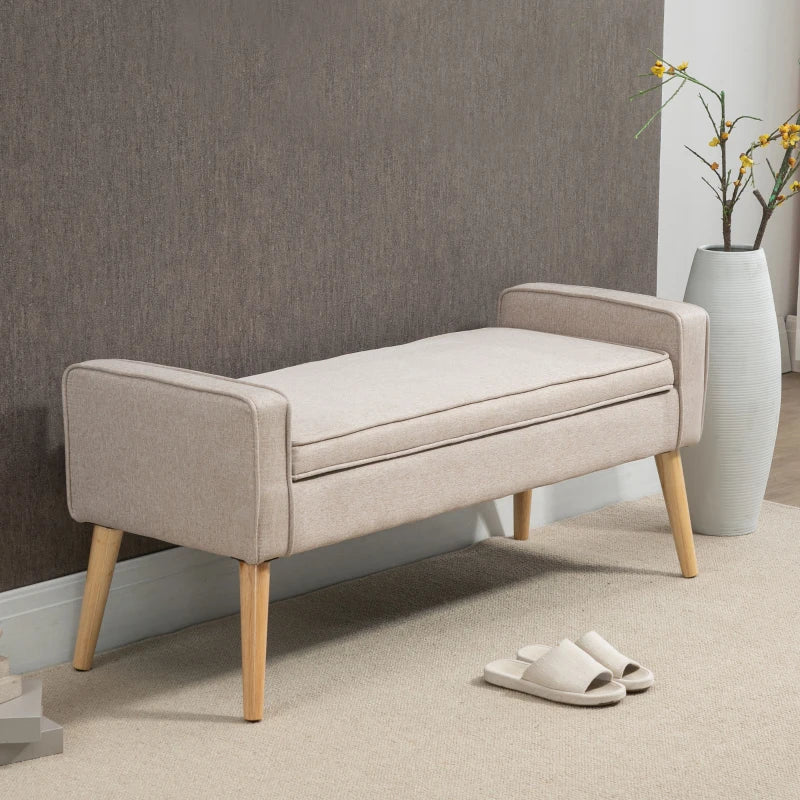 Banco de Armazenamento Baú de Armazenamento Estofado em Linho com Tampa Abatível e Pés de Madeira para Dormitório Sala de Estar Entrada Carga 120kg 120x45x54cm Bege