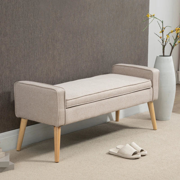 Banco de Armazenamento Baú de Armazenamento Estofado em Linho com Tampa Abatível e Pés de Madeira para Dormitório Sala de Estar Entrada Carga 120kg 120x45x54cm Bege