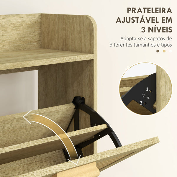 Móvel Sapateira de Entrada Armário de Sapatos Boêmio com 2 Gavetas Basculantes e 1 Prateleira Aberta para 18 Pares de Sapatos para Corredor Entrada 80x24,5x110 cm Carvalho