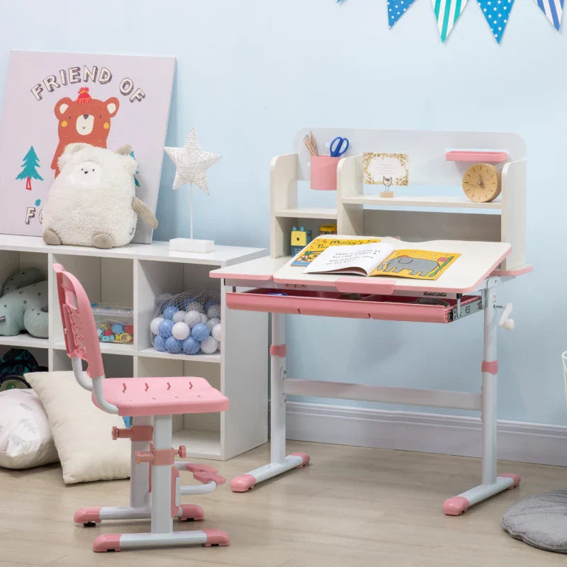 Conjunto de Secretária e Cadeira para Crianças acima de 3 Anos com Altura Ajustável Secretária Infantil com Bancada Inclinável Gaveta e Prateleira para Livros 80x52x88x109cm e 35,5x44,5x66-80cm Rosa