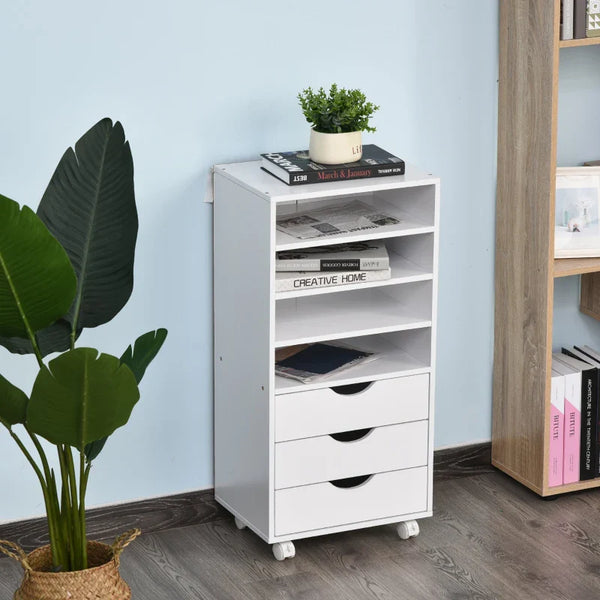Móveis auxiliares para escritório Estudo Grande espaço de armazenamento com 3 gavetas 4 prateleiras abertas 4 rodas 40x30x83 cm Branco