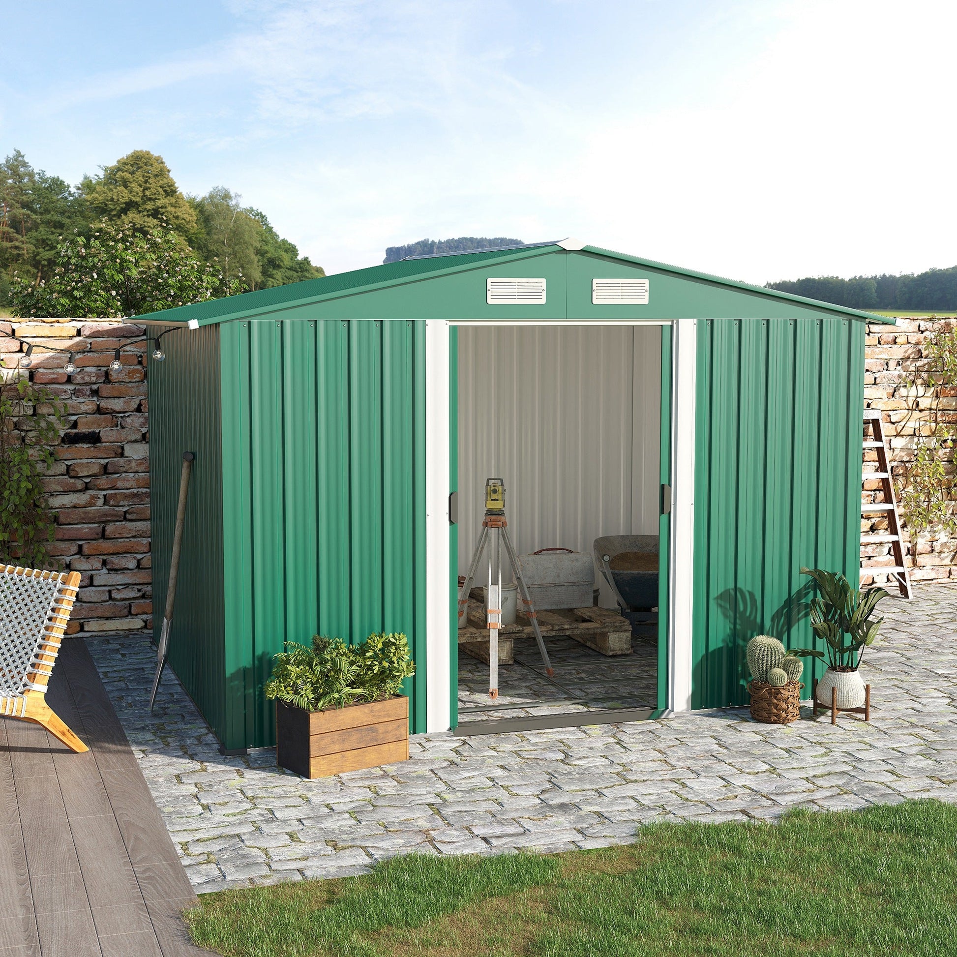 Abrigo de Jardim 258x206x178cm 5,3m² Abrigo de Aço Galvanizado com Portas de Correr e Ventilações para Armazenamento de Ferramentas Jardinagem Verde