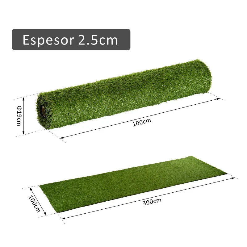 Relva Artificial 25 mm Rolo de Relva Artificial de 300x100 cm Realista com Orifícios de Drenagem para Varanda Jardim Pátio Verde