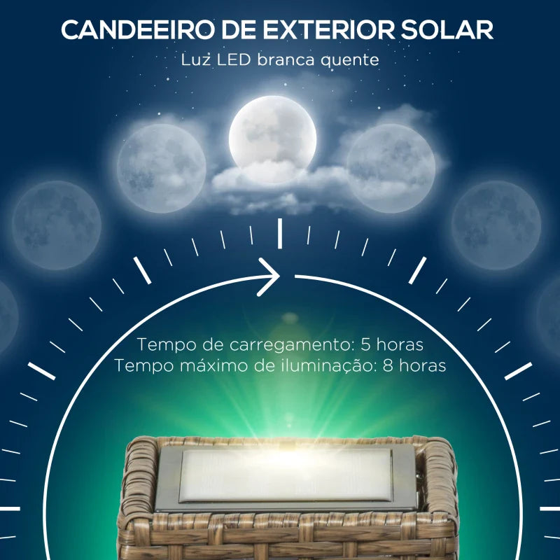 Candeeiro de Jardim de Vime Sintético Candeeiro Solar de Exterior com Luzes LED Ligar/Desligar Automático para Varanda Pátio 15,5x15,5x69cm Marrom Areia