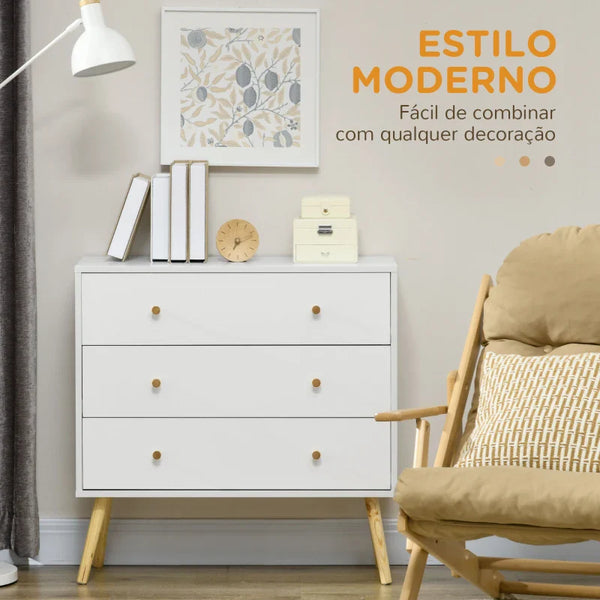 Cómoda com 3 Gavetas Cómoda de Dormitório com Pés de Madeira de Pinho para Sala de Estar Escritório Carga Máxima 70 kg 80x30x80 cm Branco e Madeira