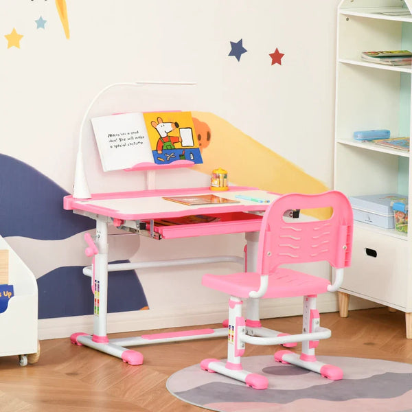 Conjunto de Secretária e Cadeira para Crianças acima de 3 Anos Secretária Infantil com Altura Ajustável Mesa Inclinável Gaveta Lâmpada LED e Suporte para Lápis 80x49,5x80-105cm e 36x34x60-73cm Rosa