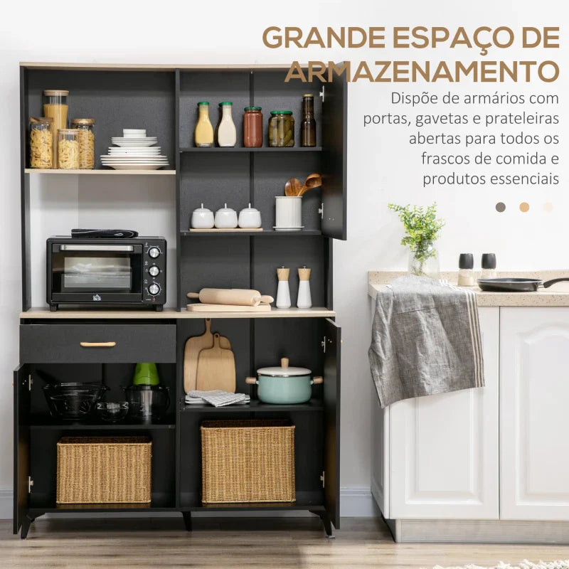 Armário de Cozinha Aparador de Sala de Jantar com 1 Gaveta 3 Portas e Armazenamento Aberto Móvel Auxiliar para Microondas de Estilo Moderno 119x41x180cm Preto