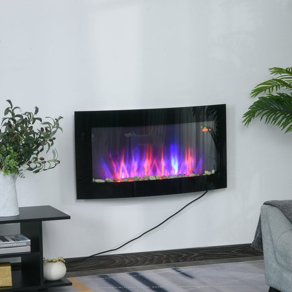 Lareira Elétrica de Parede Lareira Elétrica com Potência 900/1800W Controlo Remoto Efeito de Chama Realista em 7 Cores 65x11,4x52cm Preto