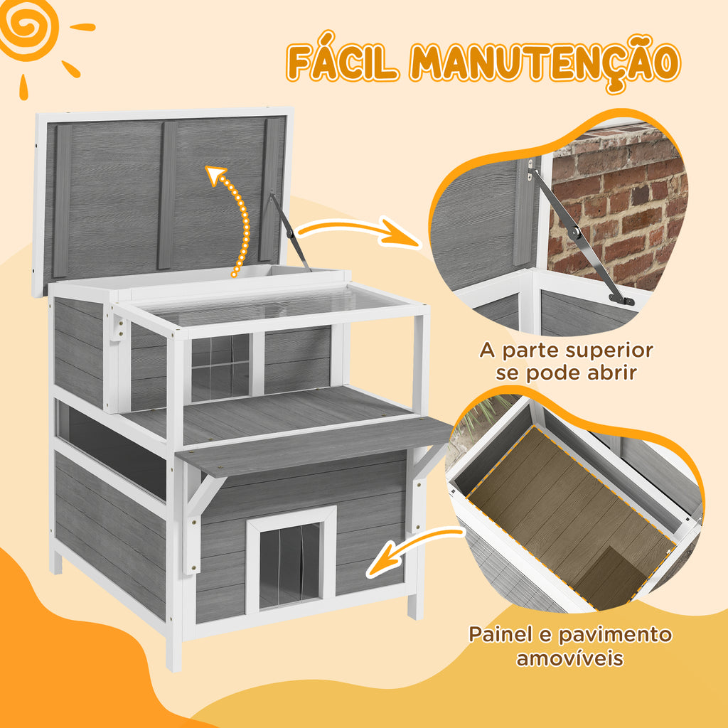 PawHut Casa para Gatos de Madeira 64x87x76 cm Casota para Gatos de 2 Níveis Refúgio para Gatos com Teto Asfáltico Janela e Porta com Cortina para Interior e Exterior 64x87x76 cm Cinza Claro