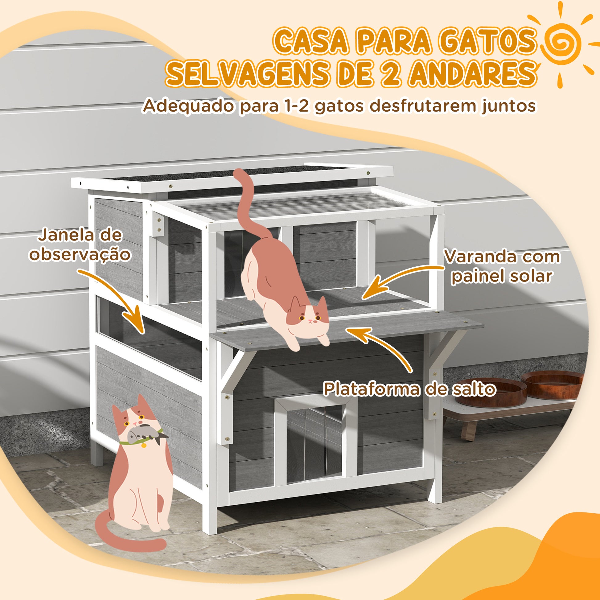 PawHut Casa para Gatos de Madeira 64x87x76 cm Casota para Gatos de 2 Níveis Refúgio para Gatos com Teto Asfáltico Janela e Porta com Cortina para Interior e Exterior 64x87x76 cm Cinza Claro