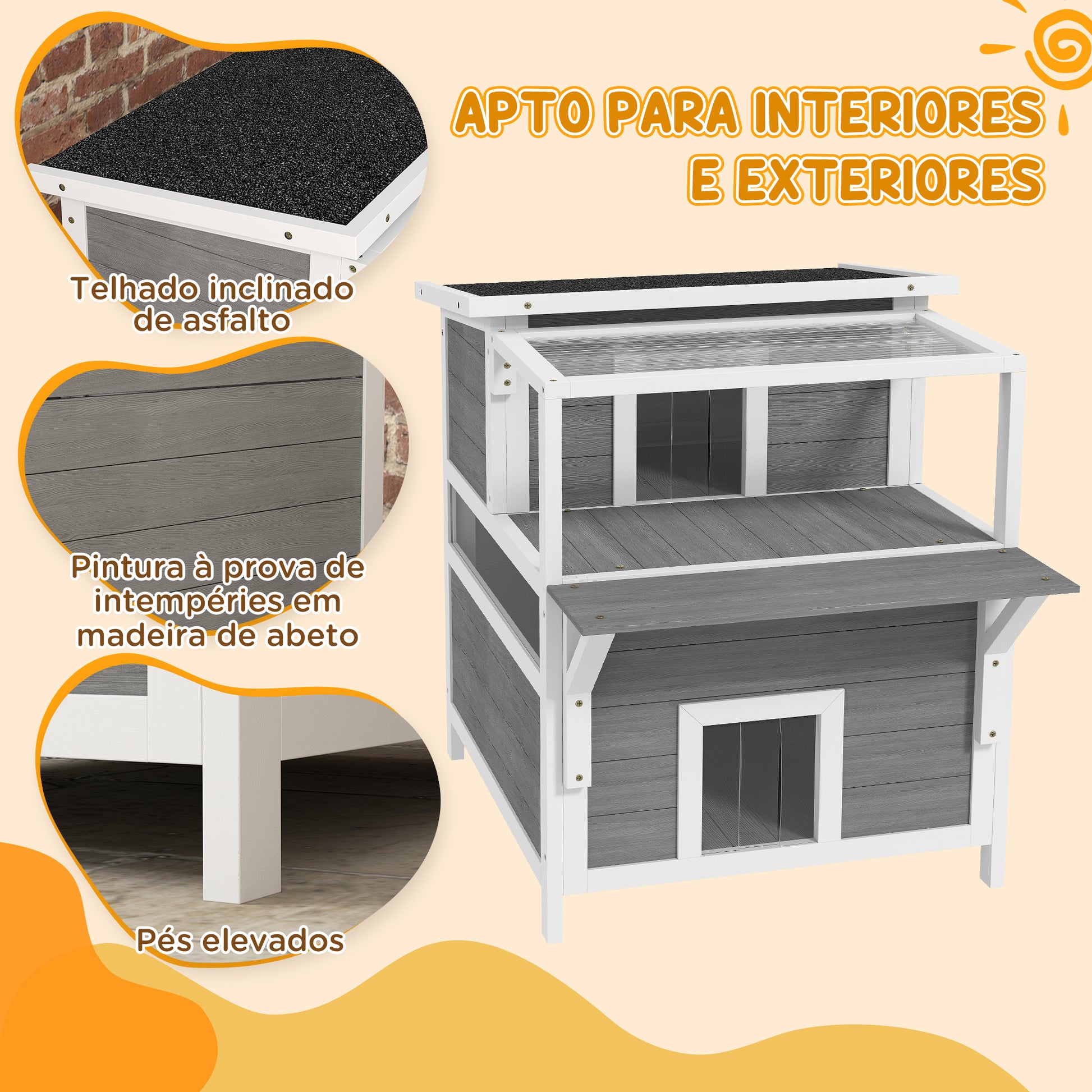 PawHut Casa para Gatos de Madeira 64x87x76 cm Casota para Gatos de 2 Níveis Refúgio para Gatos com Teto Asfáltico Janela e Porta com Cortina para Interior e Exterior 64x87x76 cm Cinza Claro