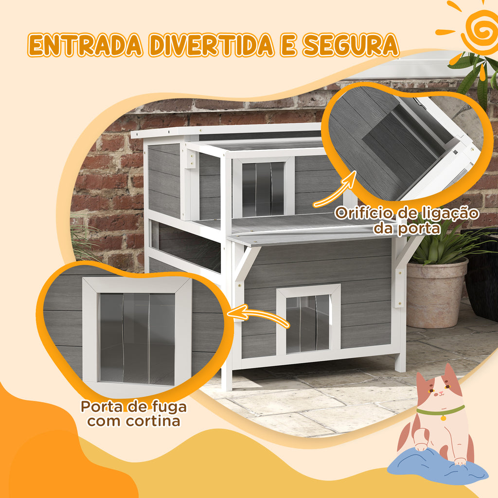 PawHut Casa para Gatos de Madeira 64x87x76 cm Casota para Gatos de 2 Níveis Refúgio para Gatos com Teto Asfáltico Janela e Porta com Cortina para Interior e Exterior 64x87x76 cm Cinza Claro