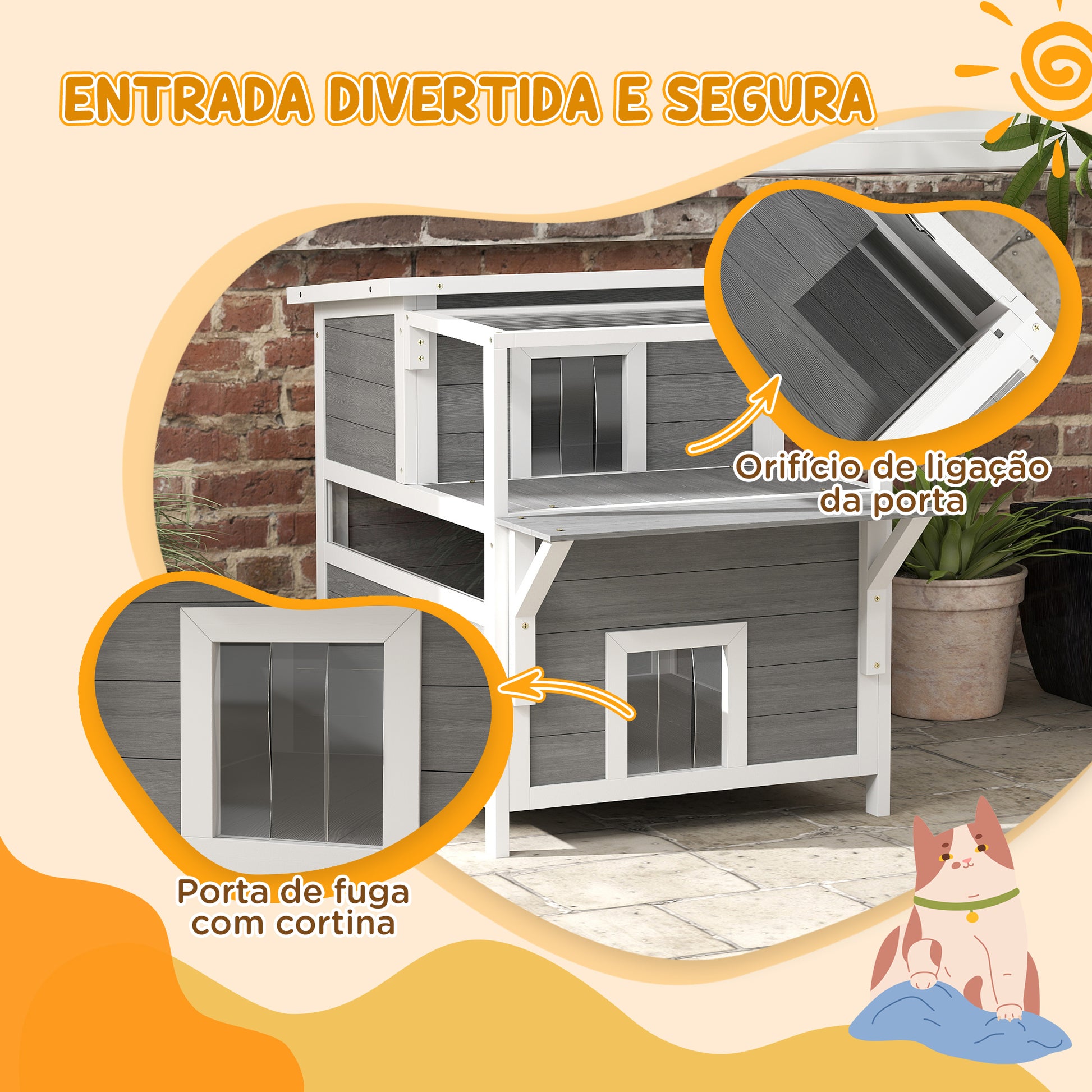 PawHut Casa para Gatos de Madeira 64x87x76 cm Casota para Gatos de 2 Níveis Refúgio para Gatos com Teto Asfáltico Janela e Porta com Cortina para Interior e Exterior 64x87x76 cm Cinza Claro